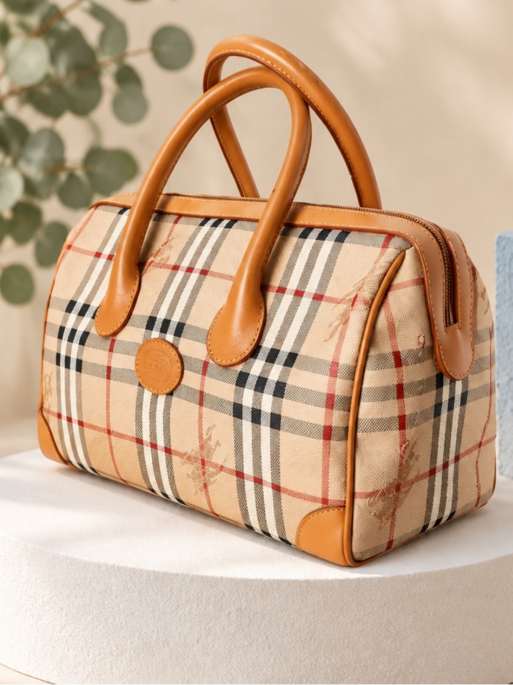 Burberry Nova Check Boston Bag in Beige and Tan.